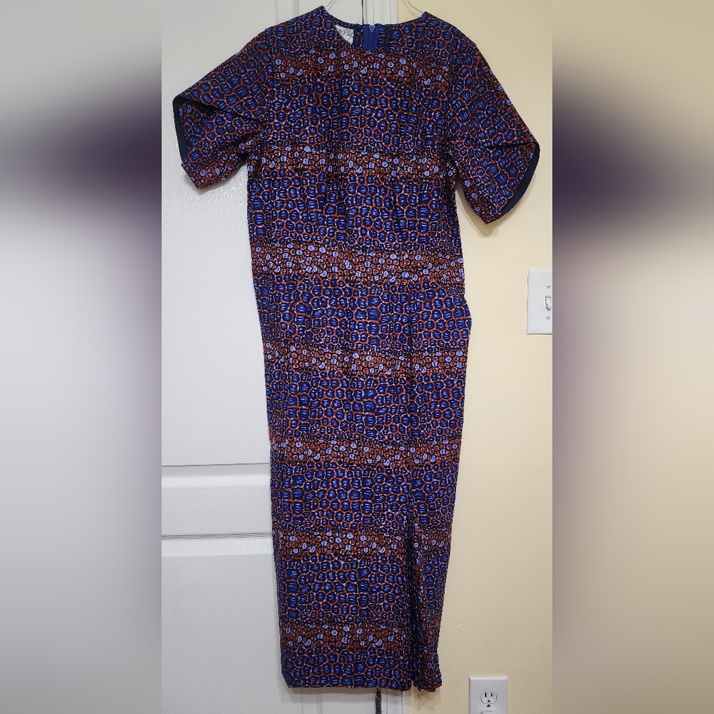 Elegant Ankara African Fabric Blue and Red Patterned Midi Dress